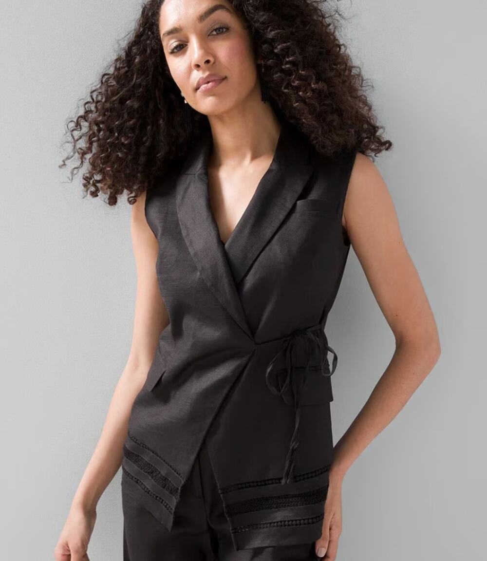 White House Black Market Size 6 Linen Blend Tie Front Vest Wrap Blazer Lace Trim